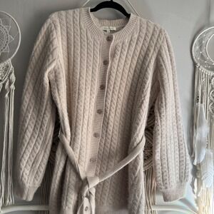 Favorite Daughter Ivory Cable Knit Wool Blend Belted Cardigan Sweater Medium